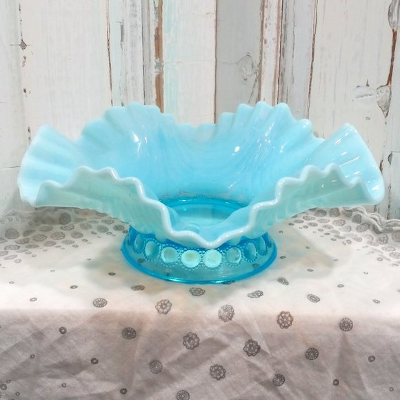 Vintage Blue Opalescent Draped Ruffled Edge Bowl - Picture 1 of 5